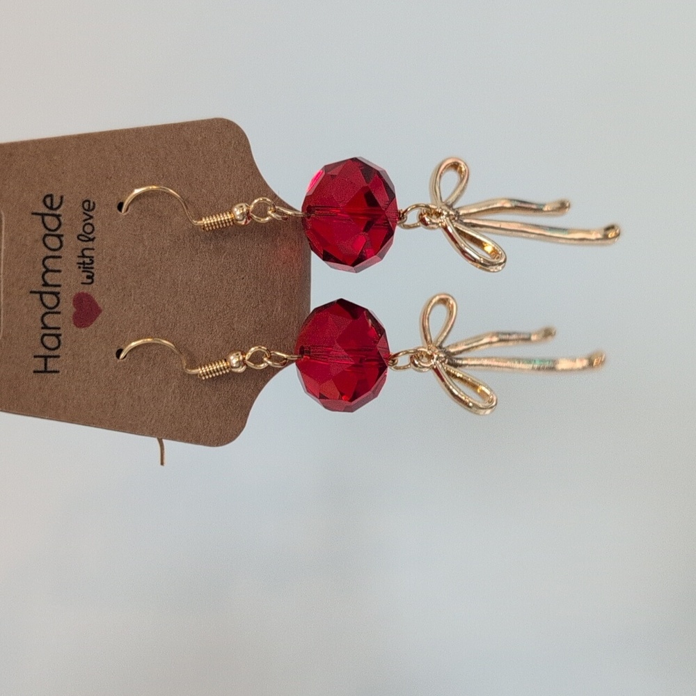 Handmade Red Crystal & Gold Bow Drop Earrings 18k Gold Plated Post
